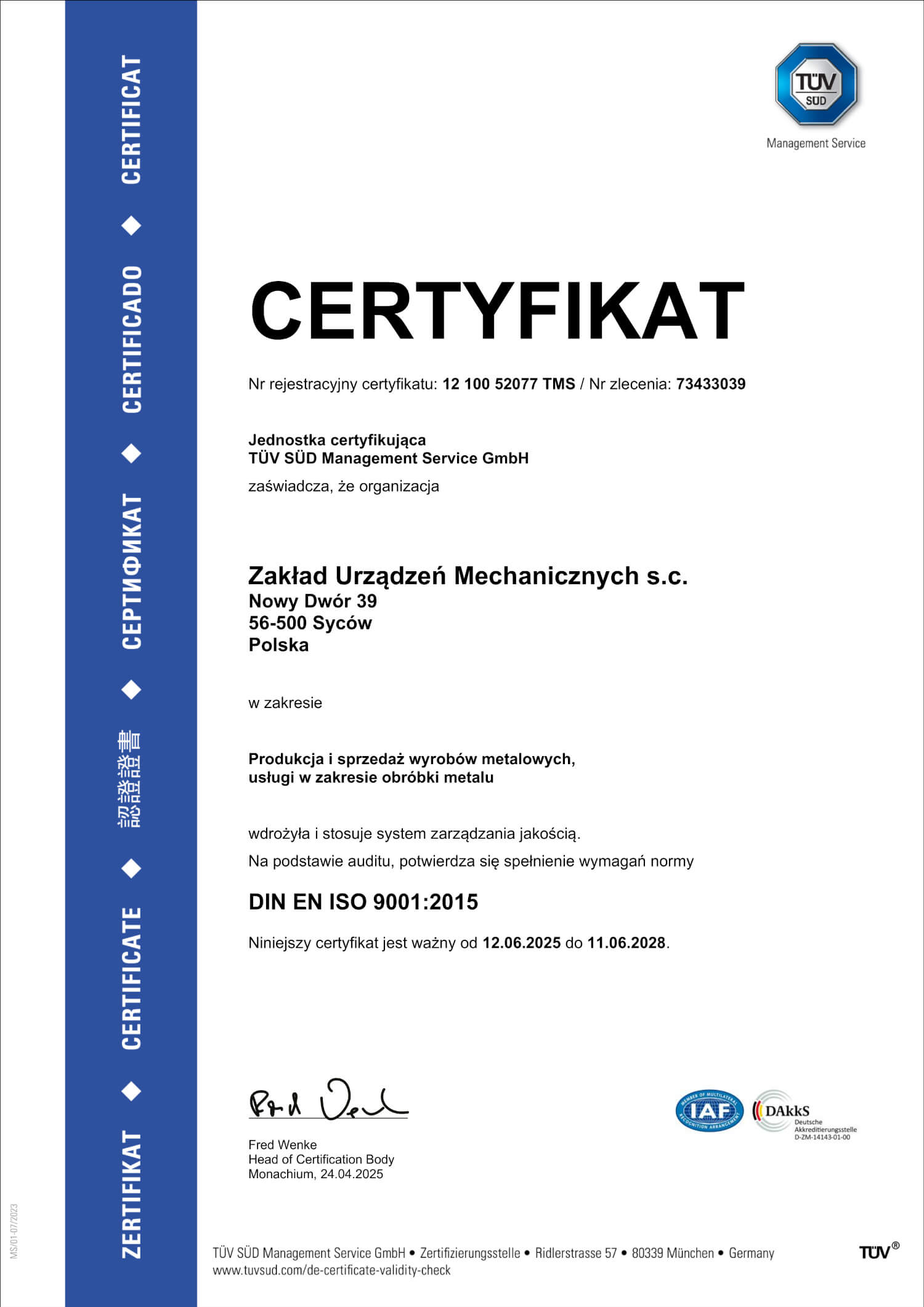 Certyfikat ISO TÜV SÜD ZUM Hoffmann